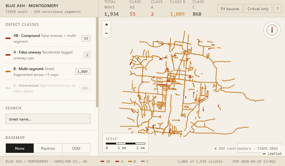 Screenshot of the 2D design prototype showing the Blue Ash / Montgomery zone with defect classes A, AB, B, and C in a warm cartographer palette, with sidebar controls for class toggles, search, and basemap selection.